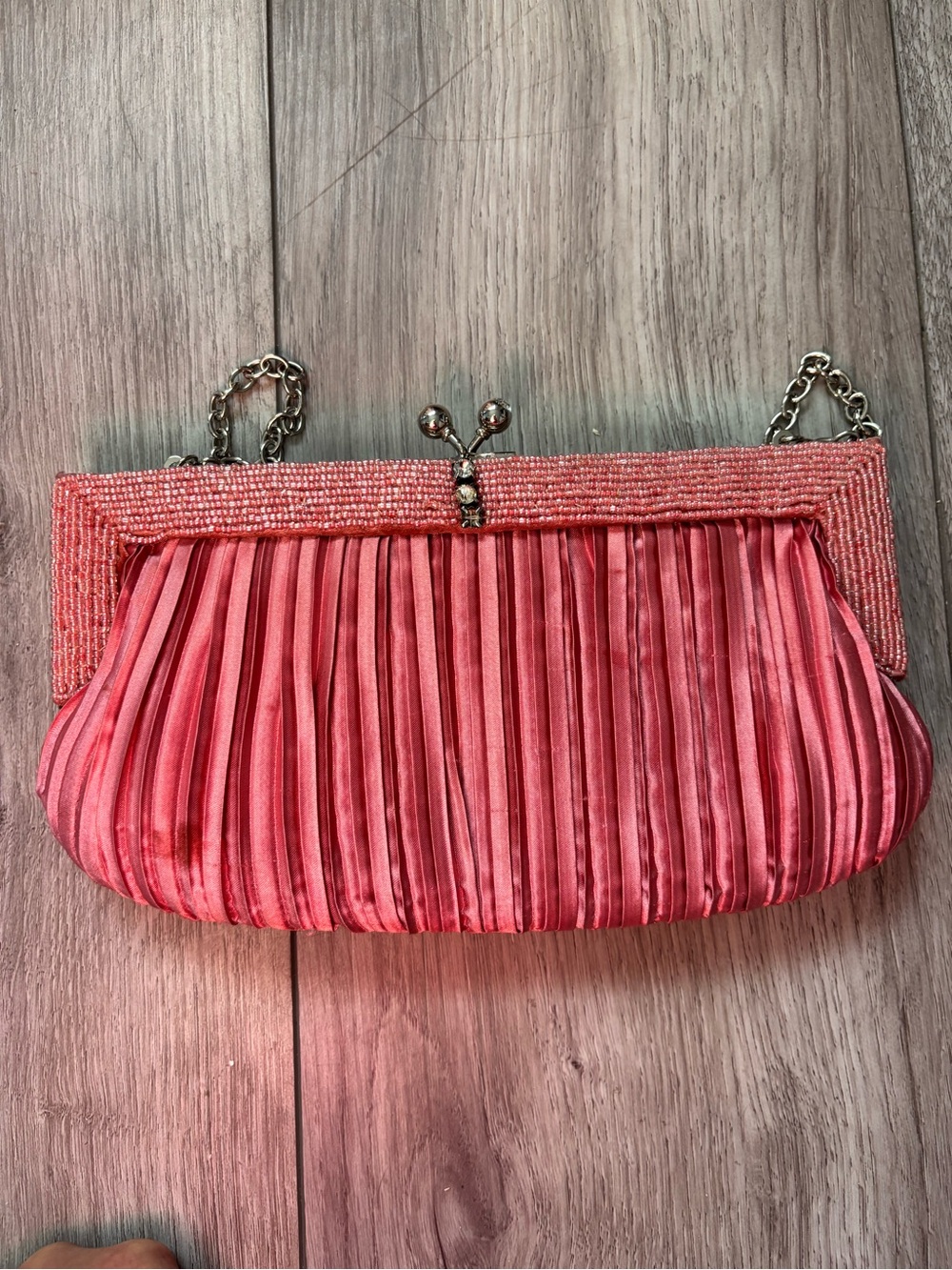 Stylish Pink Beaded Pleated Satin Evening Clutch - Picture 8 of 8